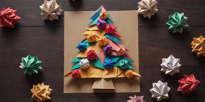 The primary subject of the image is a paper Christmas tree, which is the main object, scene, or focus of the image. The setting is a wooden table, and the visual style is a photo. The colors and mood of the image are predominantly green, red, and yellow, creating a festive and joyful atmosphere.